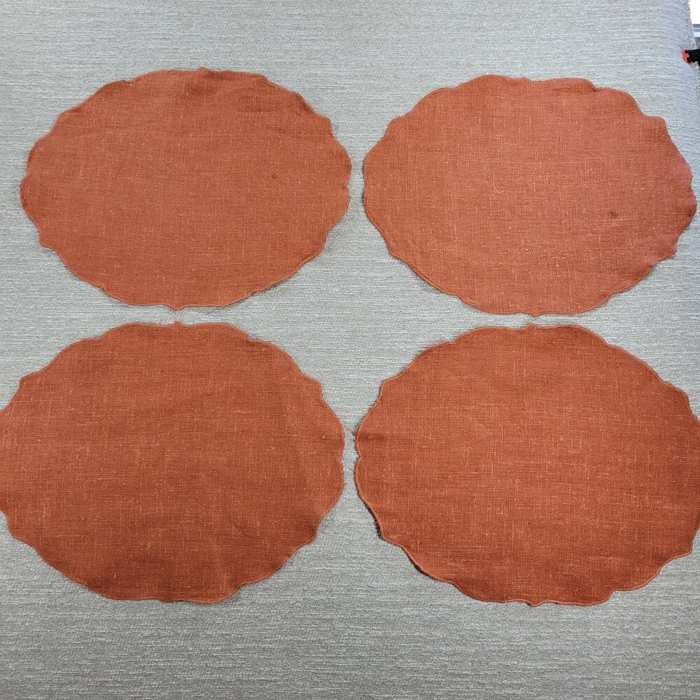 VTG Williams Sonoma Linen Placemats Pumpkin Orange Scalloped Edge Oval Set of 4